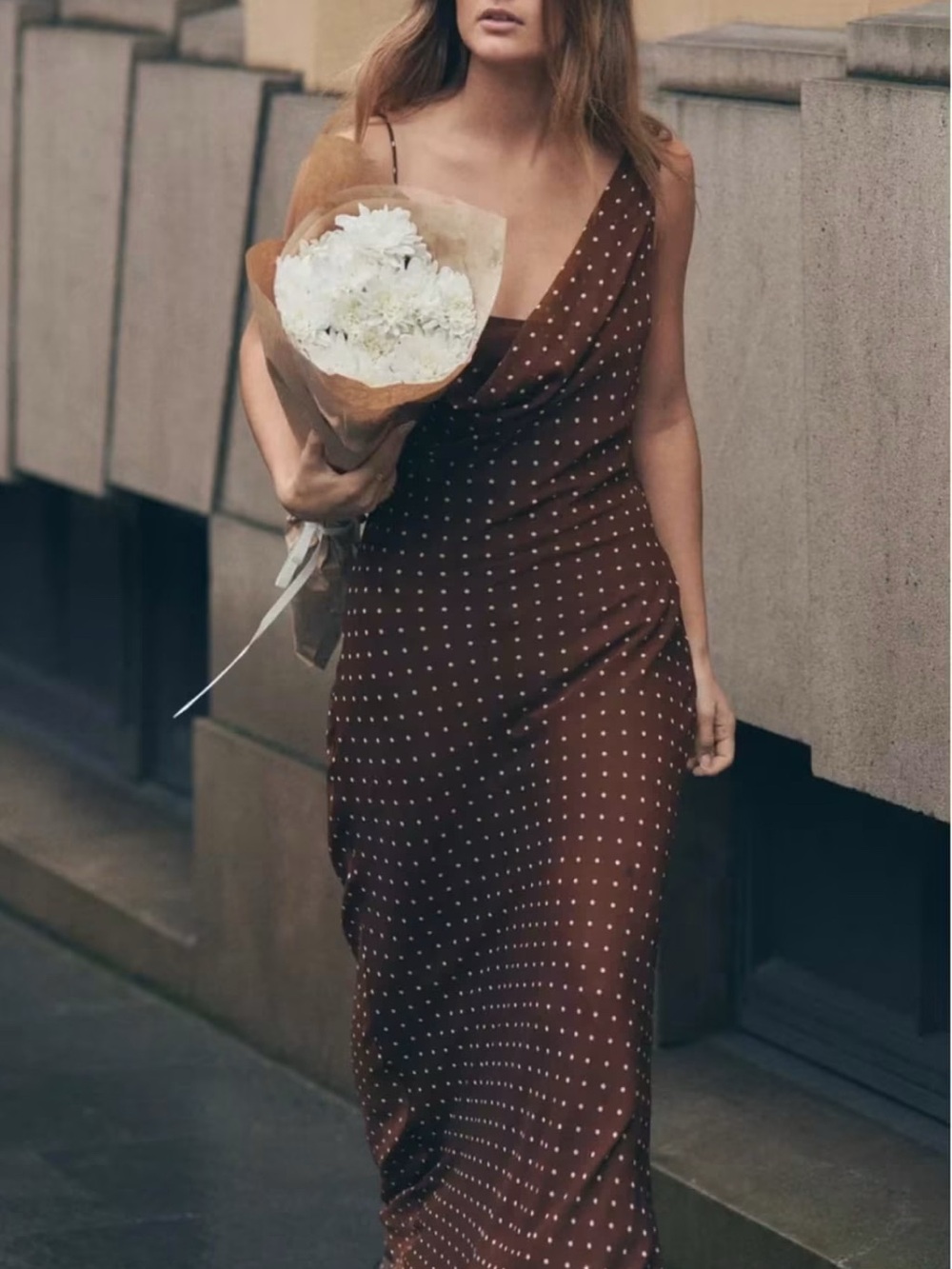 Zara brown polka dot slip maxi dress xs wedding guest